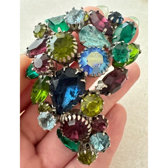 Vintage silver tone green blue aurora borealis rhinestones brooch clip earrings - Picture 6 of 10